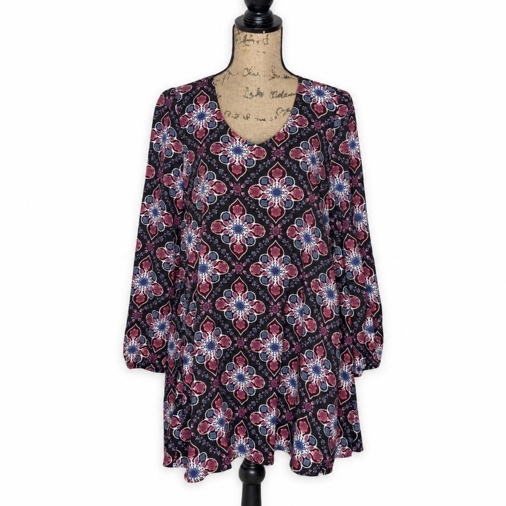 Tassels N Lace Medallion Print V-Neck Cutout Back Dress Black Purple Large